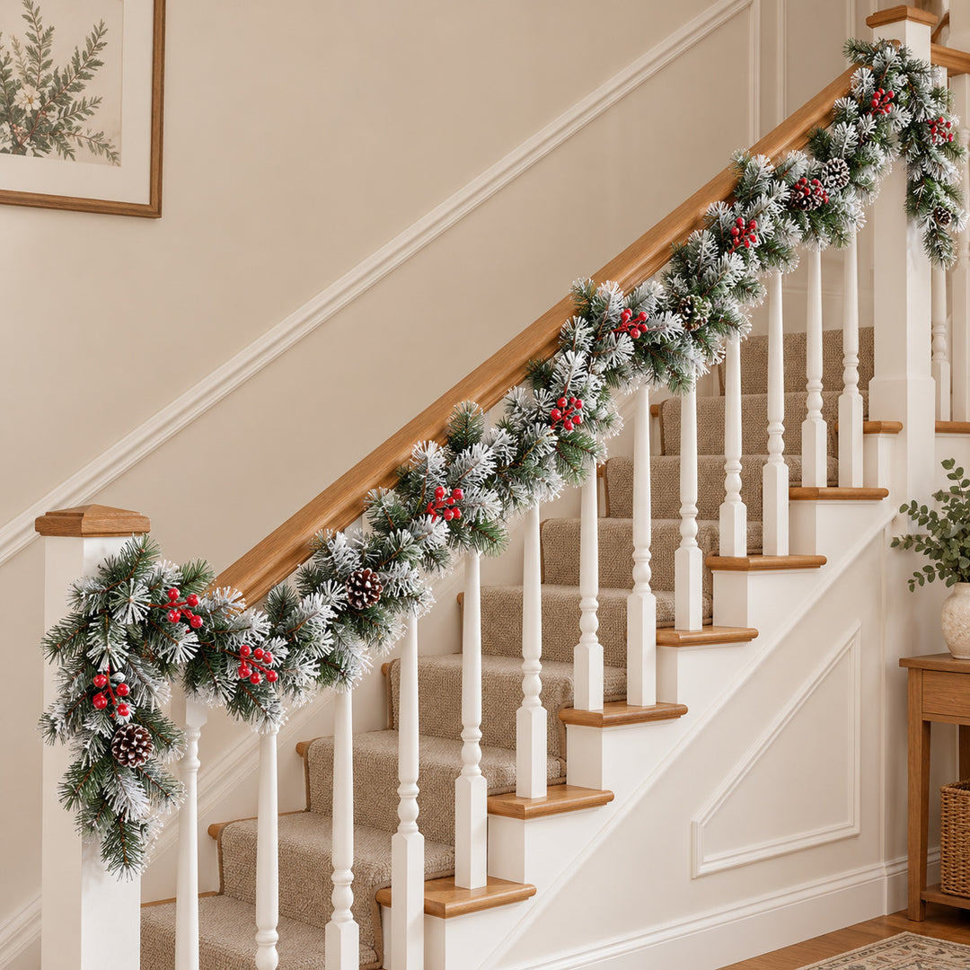 12ft Frosted Red Berries WX2E4752 Christmas garland, banister UK lifestyle, Unlit, heavy frosting