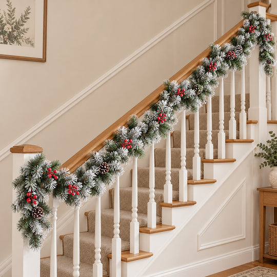 12ft Frosted Red Berries WX2E4752 Christmas garland, banister UK lifestyle, Unlit, heavy frosting