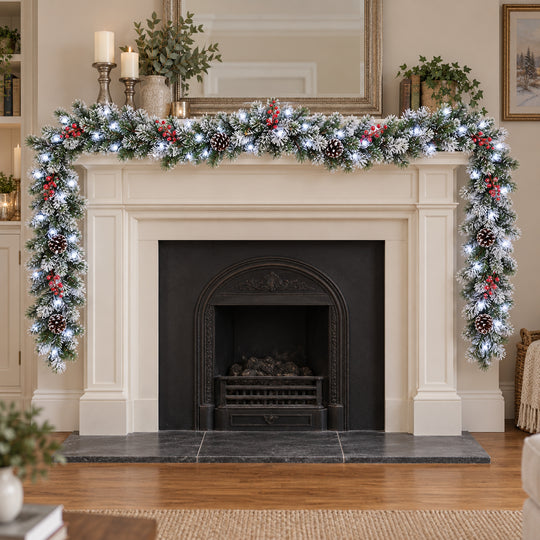 12ft Frosted Red Berries WX2E4752 Christmas garland, hearth UK lifestyle, Bright White Lights, heavy frosting
