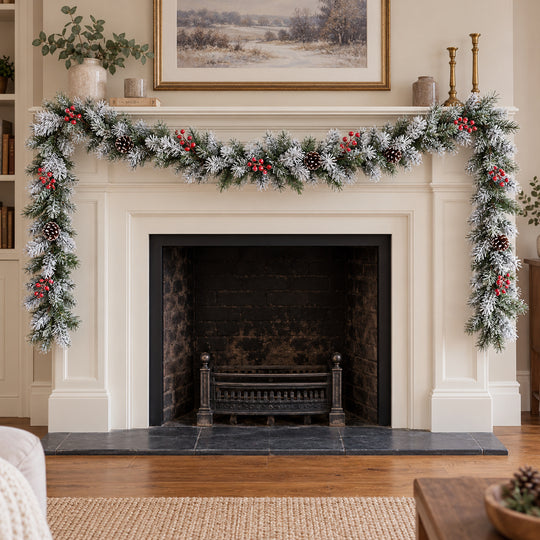 12ft Frosted Red Berries WX2E4752 Christmas garland, hearth UK lifestyle, Unlit, heavy frosting