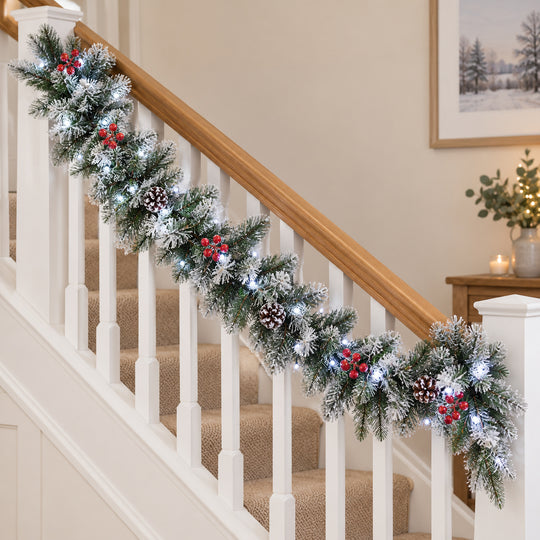 6ft Frosted Red Berries WX2E4752 Christmas garland, banister UK lifestyle, Bright White Lights, heavy frosting