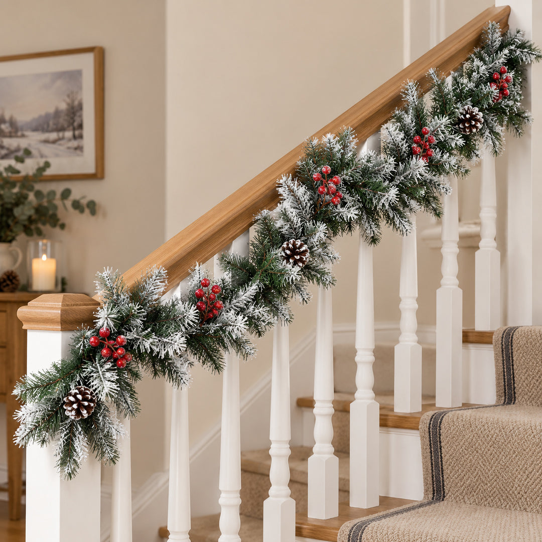 6ft Frosted Red Berries WX2E4752 Christmas garland, banister UK lifestyle, Unlit, heavy frosting