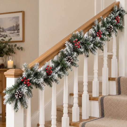 6ft Frosted Red Berries WX2E4752 Christmas garland, banister UK lifestyle, Unlit, heavy frosting