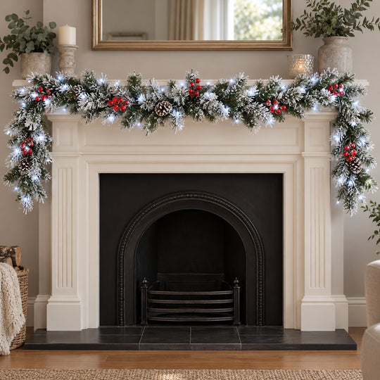 6ft Frosted Red Berries WX2E4752 Christmas garland, hearth UK lifestyle, Bright White Lights, heavy frosting