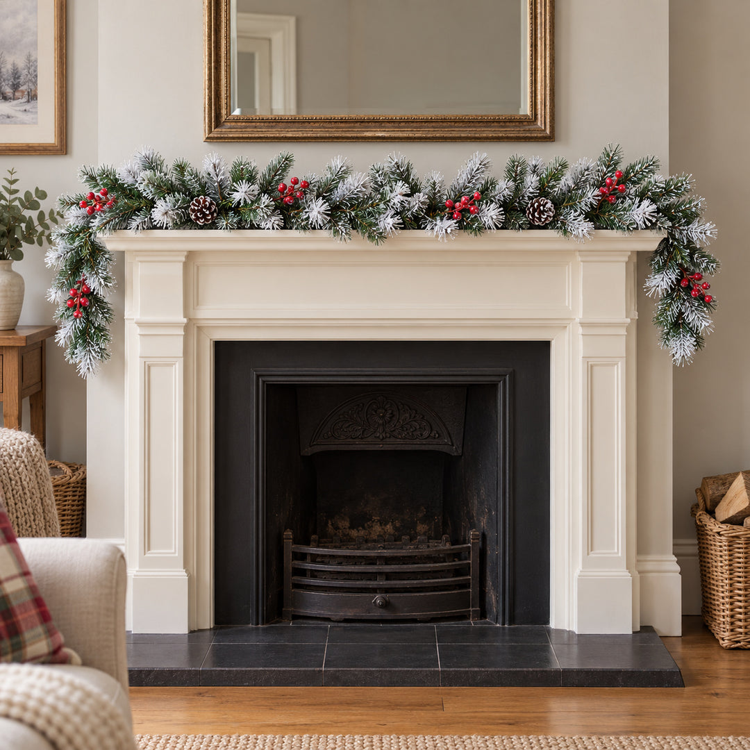 6ft Frosted Red Berries WX2E4752 Christmas garland, hearth UK lifestyle, Unlit, heavy frosting