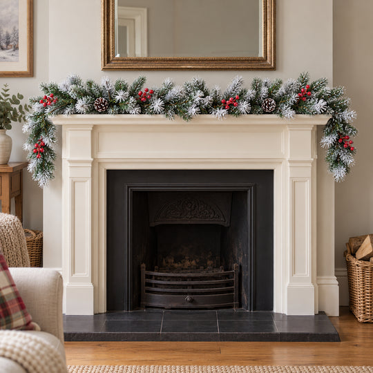 6ft Frosted Red Berries WX2E4752 Christmas garland, hearth UK lifestyle, Unlit, heavy frosting