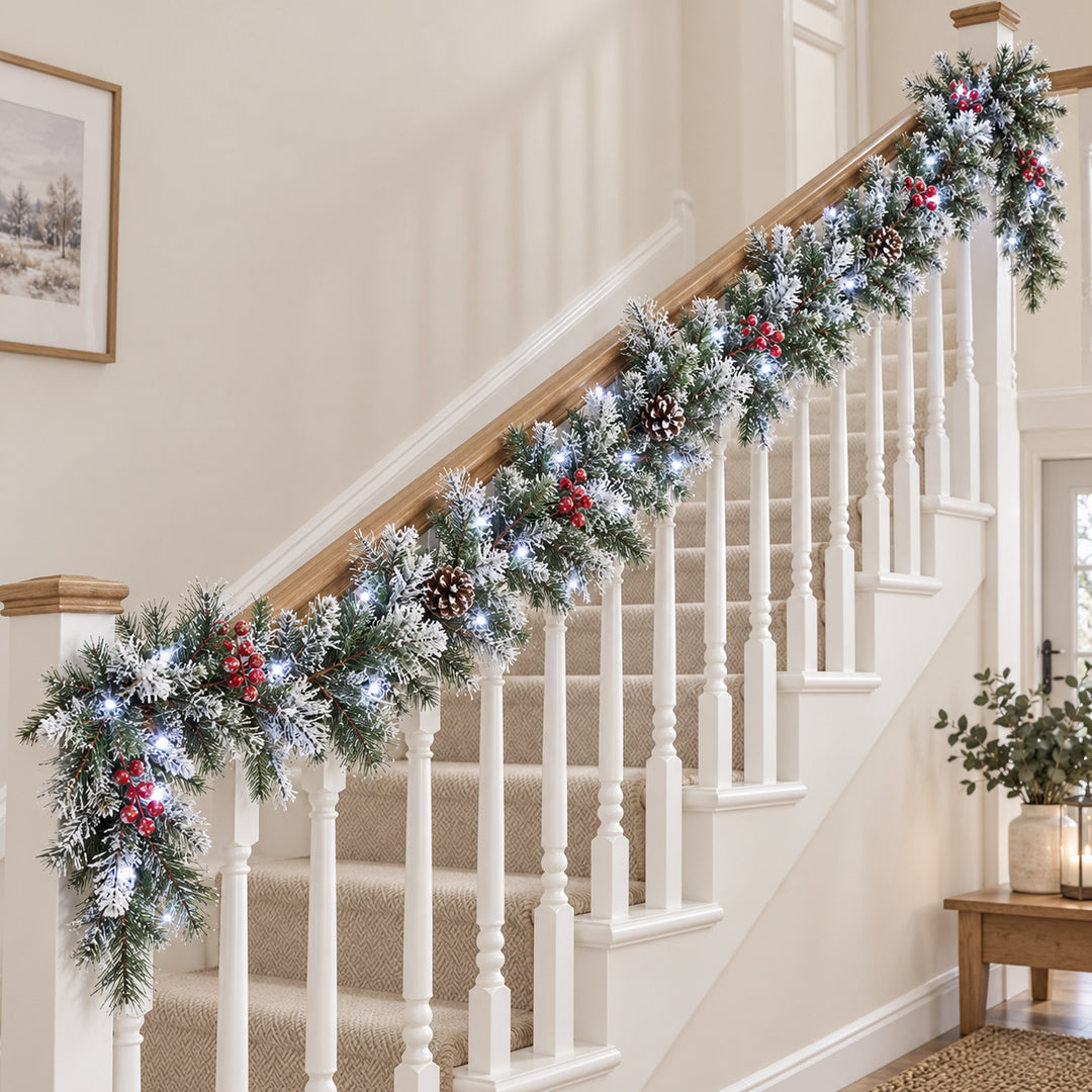 9ft Frosted Red Berries WX2E4752 Christmas garland, banister UK lifestyle, Bright White Lights, heavy frosting