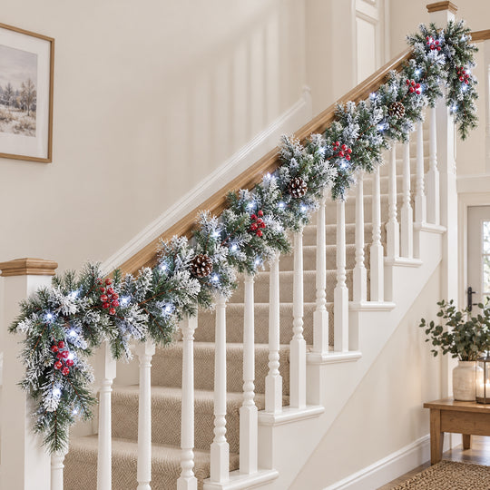 9ft Frosted Red Berries WX2E4752 Christmas garland, banister UK lifestyle, Bright White Lights, heavy frosting