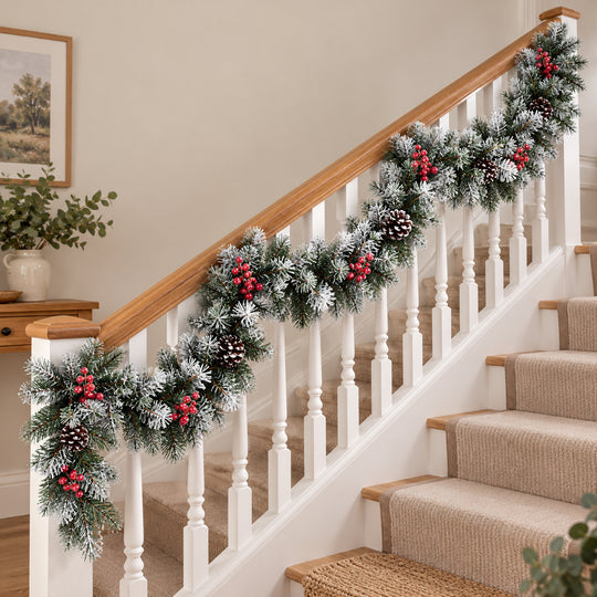 9ft Frosted Red Berries WX2E4752 Christmas garland, banister UK lifestyle, Unlit, heavy frosting