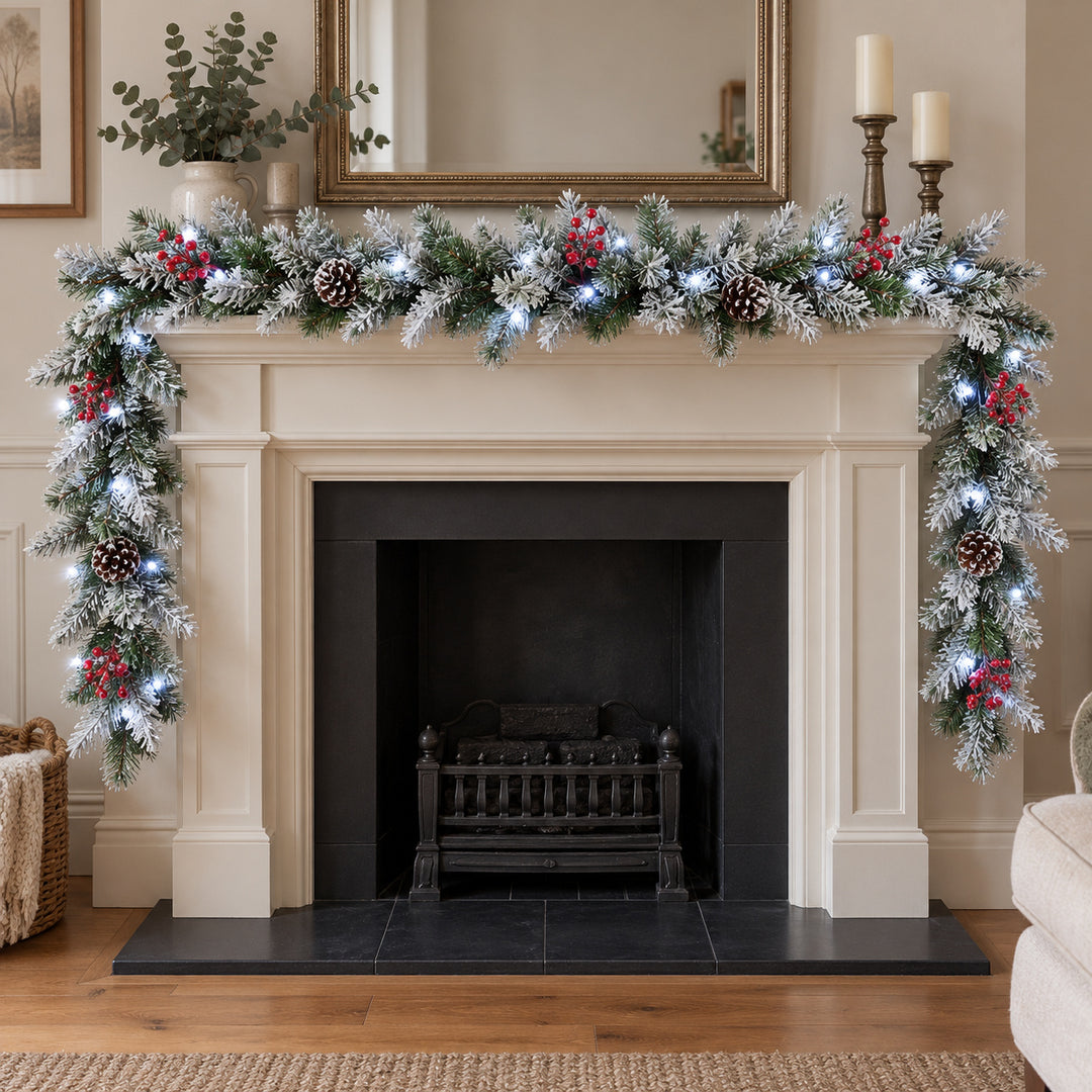 9ft Frosted Red Berries WX2E4752 Christmas garland, hearth UK lifestyle, Bright White Lights, heavy frosting