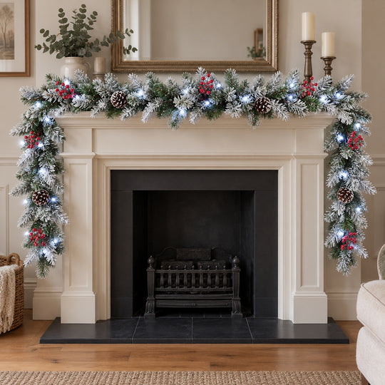 9ft Frosted Red Berries WX2E4752 Christmas garland, hearth UK lifestyle, Bright White Lights, heavy frosting