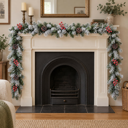 9ft Frosted Red Berries WX2E4752 Christmas garland, hearth UK lifestyle, Unlit, heavy frosting