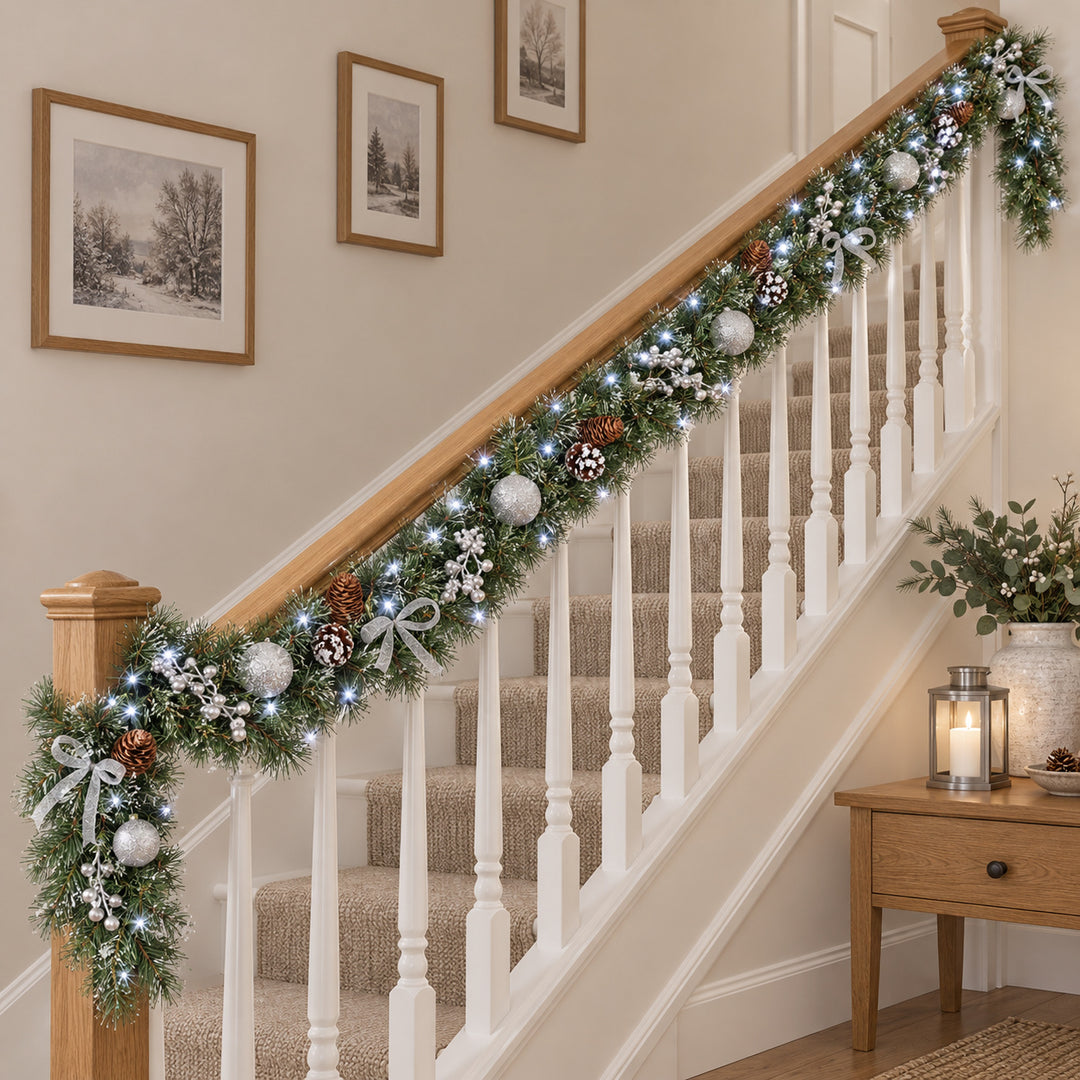 12ft Frosted Silver Bows HL SG9 130S Christmas garland, banister UK lifestyle, Bright White Lights, light frosting