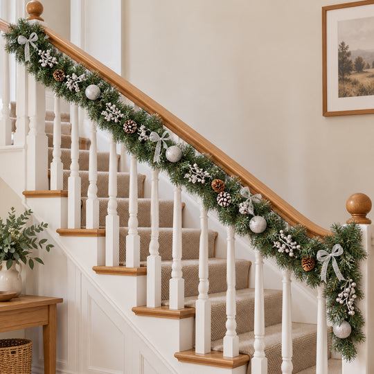 12ft Frosted Silver Bows HL SG9 130S Christmas garland, banister UK lifestyle, Unlit, light frosting