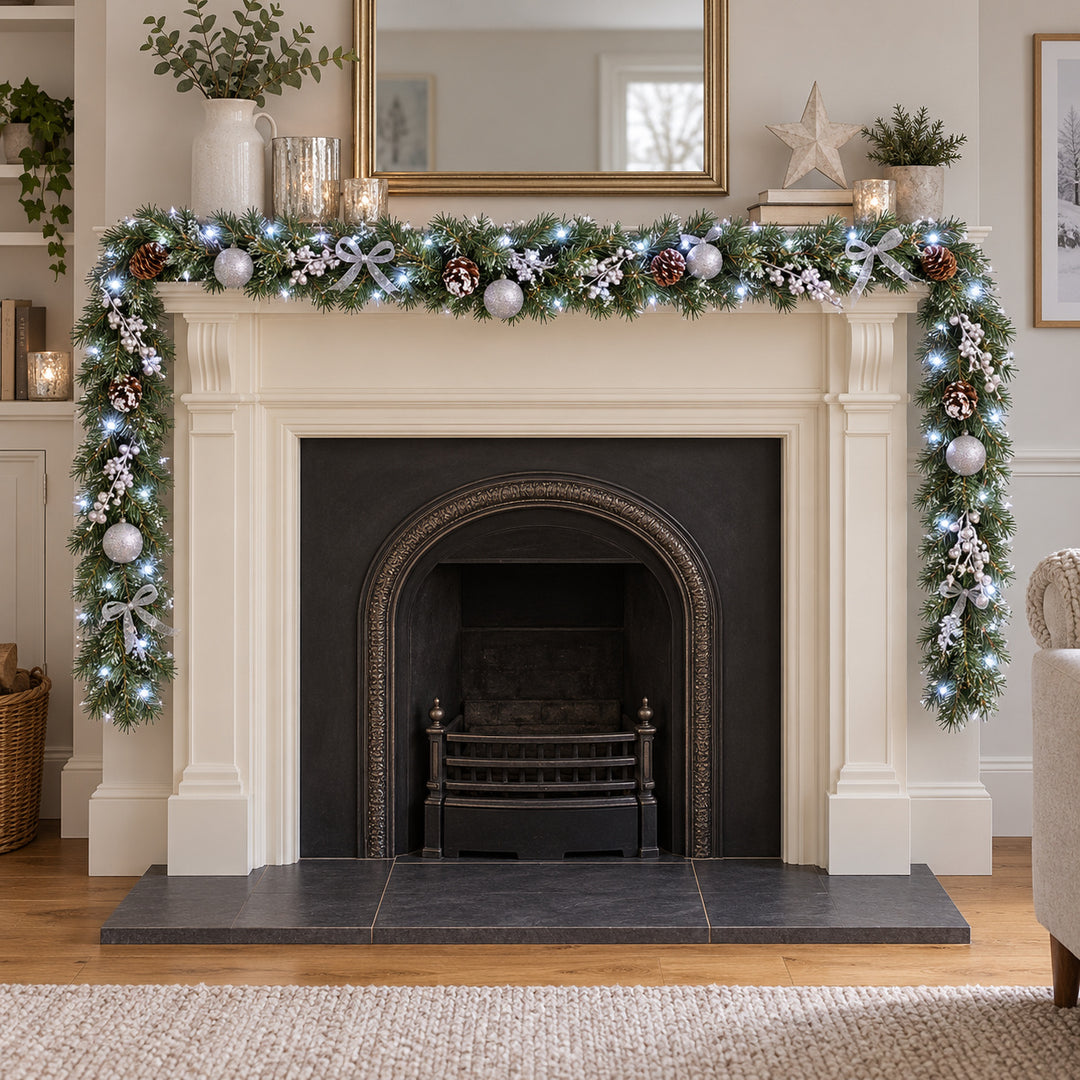 12ft Frosted Silver Bows HL SG9 130S Christmas garland, hearth UK lifestyle, Bright White Lights, light frosting