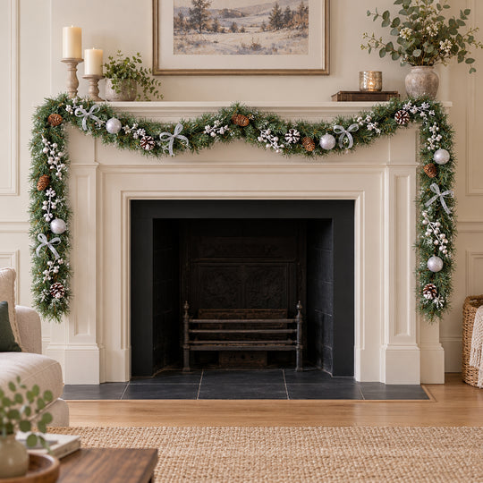 12ft Frosted Silver Bows HL SG9 130S Christmas garland, hearth UK lifestyle, Unlit, light frosting
