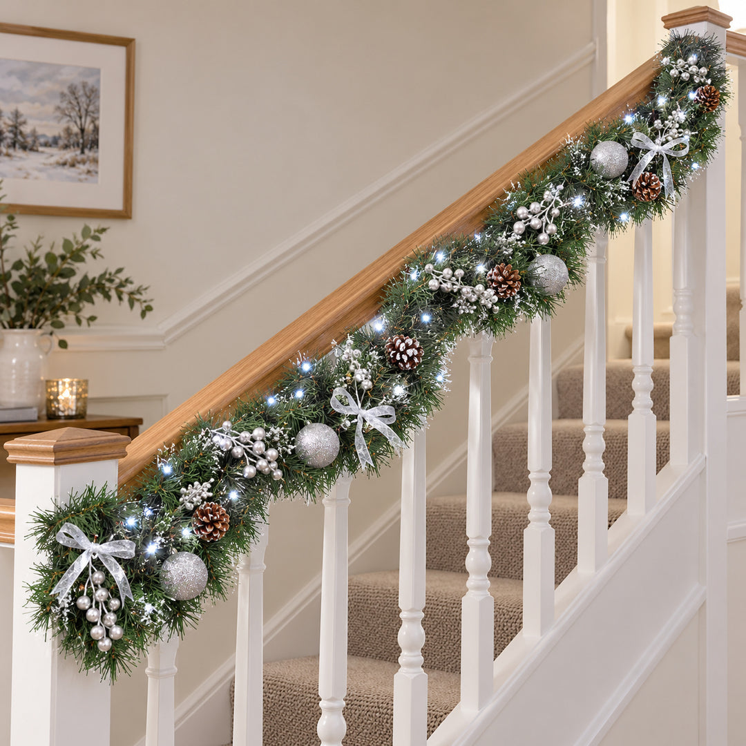 6ft Frosted Silver Bows HL SG9 130S Christmas garland, banister UK lifestyle, Bright White Lights, light frosting