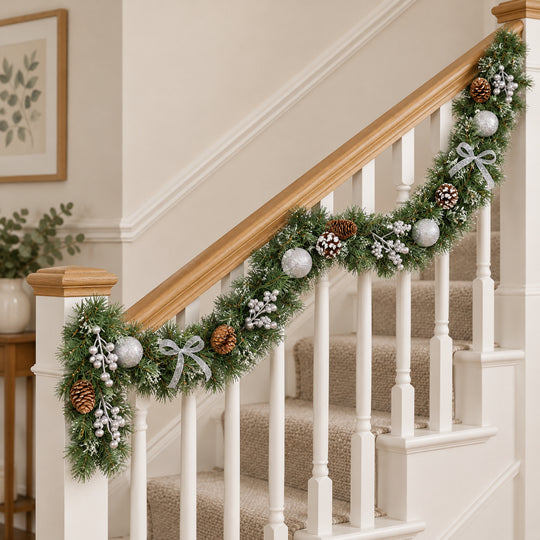 6ft Frosted Silver Bows HL SG9 130S Christmas garland, banister UK lifestyle, Unlit, light frosting