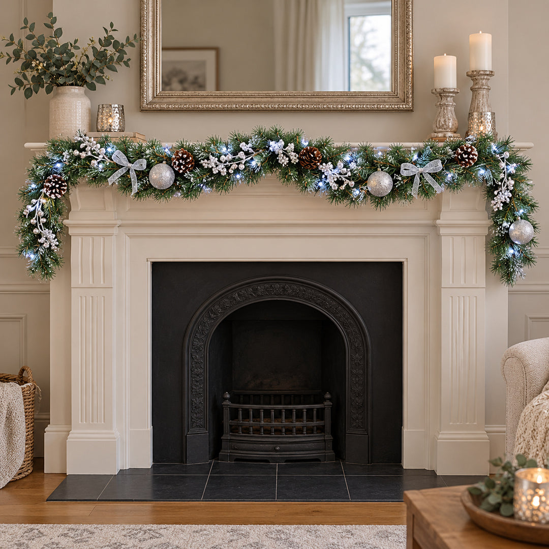 6ft Frosted Silver Bows HL SG9 130S Christmas garland, hearth UK lifestyle, Bright White Lights, light frosting