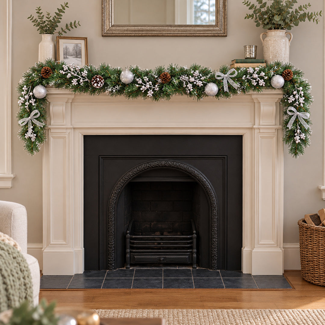 6ft Frosted Silver Bows HL SG9 130S Christmas garland, hearth UK lifestyle, Unlit, light frosting