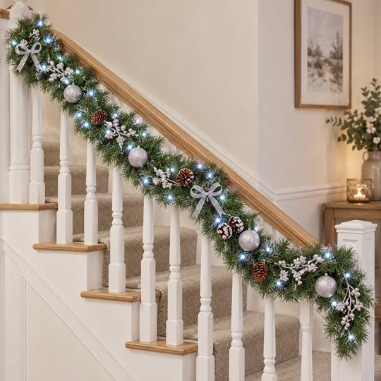 9ft Frosted Silver Bows HL SG9 130S Christmas garland, banister UK lifestyle, Bright White Lights, light frosting