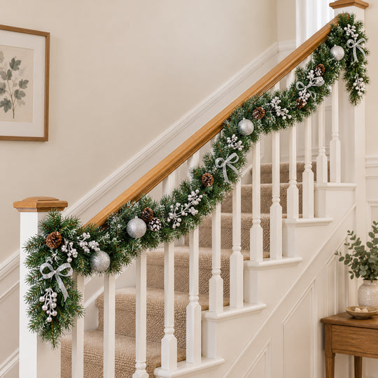 9ft Frosted Silver Bows HL SG9 130S Christmas garland, banister UK lifestyle, Unlit, light frosting