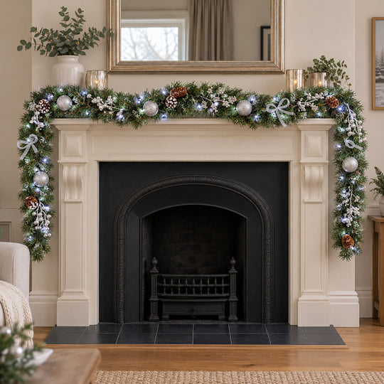 9ft Frosted Silver Bows HL SG9 130S Christmas garland, hearth UK lifestyle, Bright White Lights, light frosting