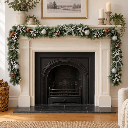 9ft Frosted Silver Bows HL SG9 130S Christmas garland, hearth UK lifestyle, Unlit, light frosting