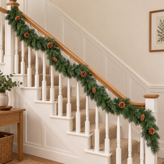 12ft Natural Pinecones 9ftLux Christmas garland, banister UK lifestyle, Unlit