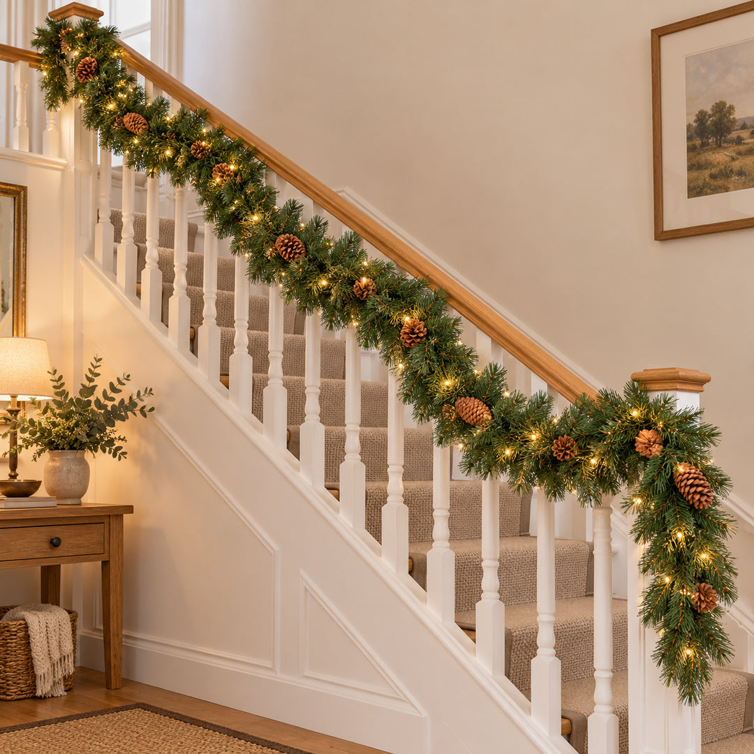12ft Natural Pinecones 9ftLux Christmas garland, banister UK lifestyle, Warm White Lights
