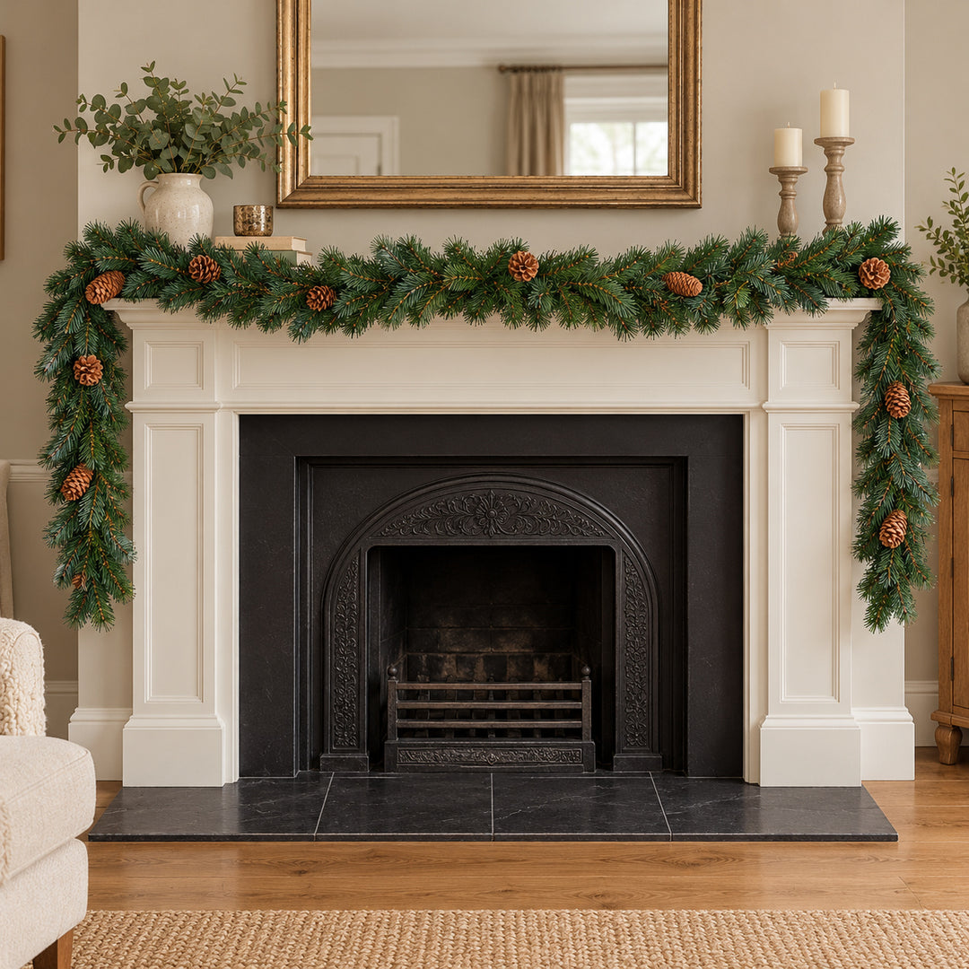 12ft Natural Pinecones 9ftLux Christmas garland, hearth UK lifestyle, Unlit