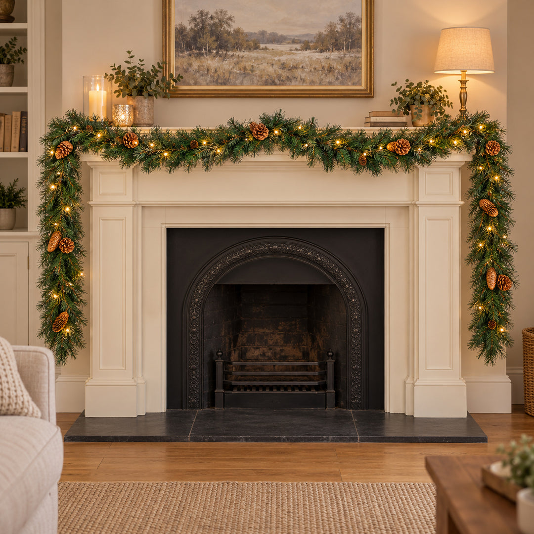 12ft Natural Pinecones 9ftLux Christmas garland, hearth UK lifestyle, Warm White Lights