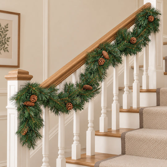 6ft Natural Pinecones 9ftLux Christmas garland, banister UK lifestyle, Unlit
