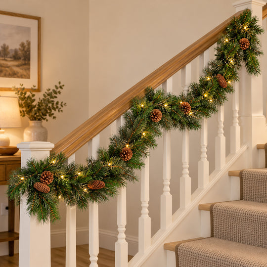 6ft Natural Pinecones 9ftLux Christmas garland, banister UK lifestyle, Warm White Lights