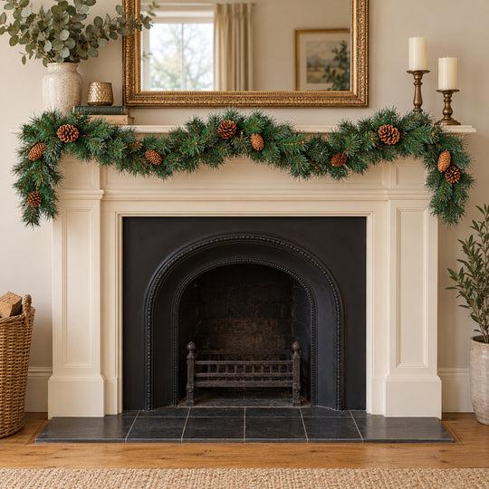 6ft Natural Pinecones 9ftLux Christmas garland, hearth UK lifestyle, Unlit