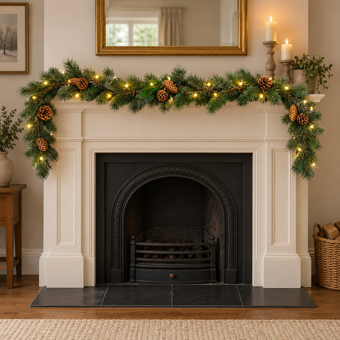 6ft Natural Pinecones 9ftLux Christmas garland, hearth UK lifestyle, Warm White Lights