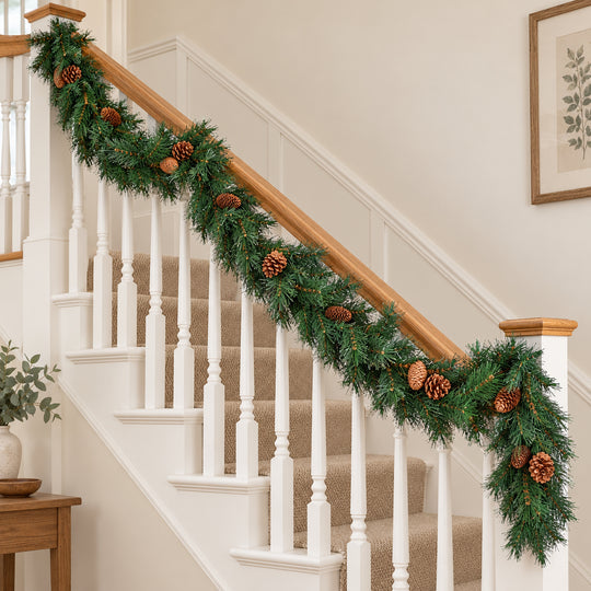 9ft Natural Pinecones 9ftLux Christmas garland, banister UK lifestyle, Unlit