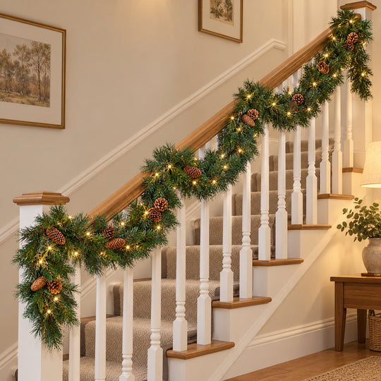 9ft Natural Pinecones 9ftLux Christmas garland, banister UK lifestyle, Warm White Lights