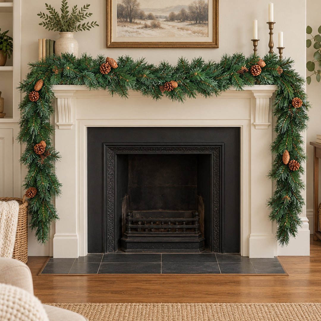 9ft Natural Pinecones 9ftLux Christmas garland, hearth UK lifestyle, Unlit