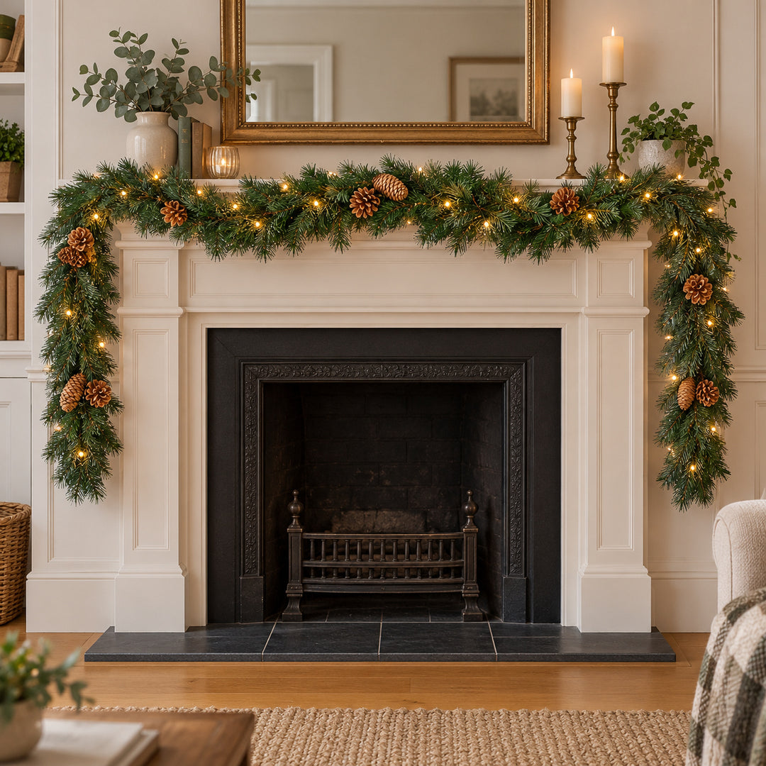 9ft Natural Pinecones 9ftLux Christmas garland, hearth UK lifestyle, Warm White Lights