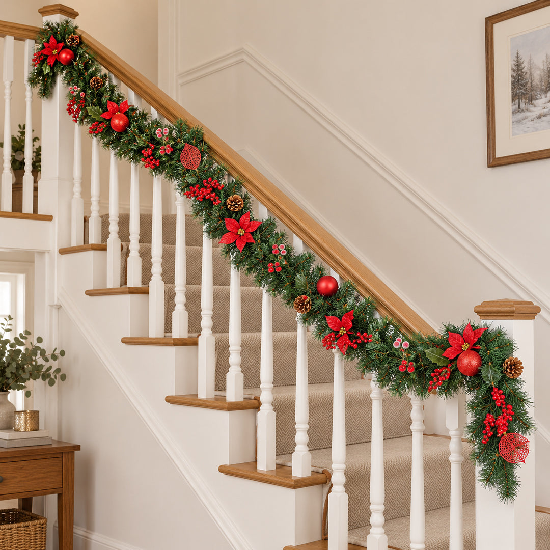 12ft Red Decorated 9ftRedDec Christmas garland, banister UK lifestyle, Unlit