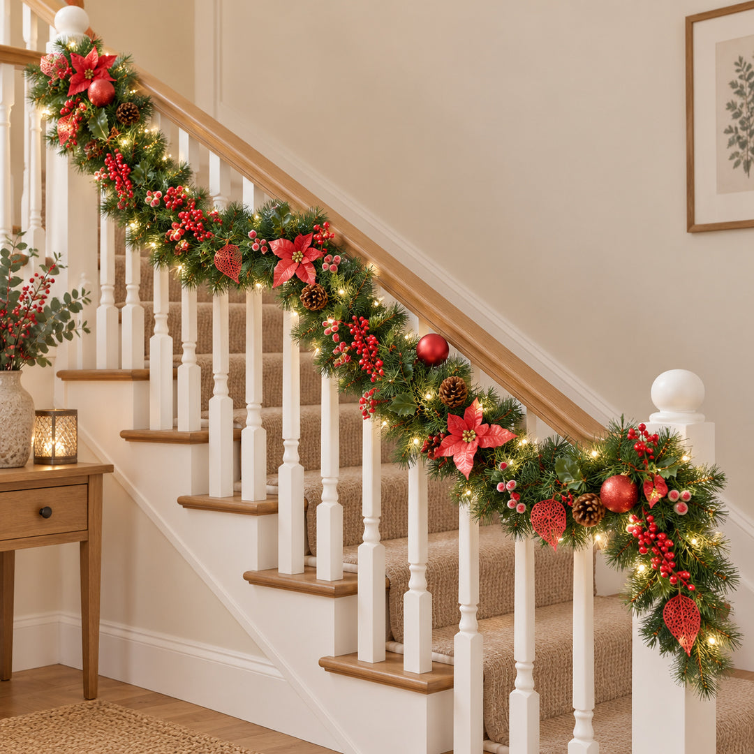 12ft Red Decorated 9ftRedDec Christmas garland, banister UK lifestyle, Warm White Lights