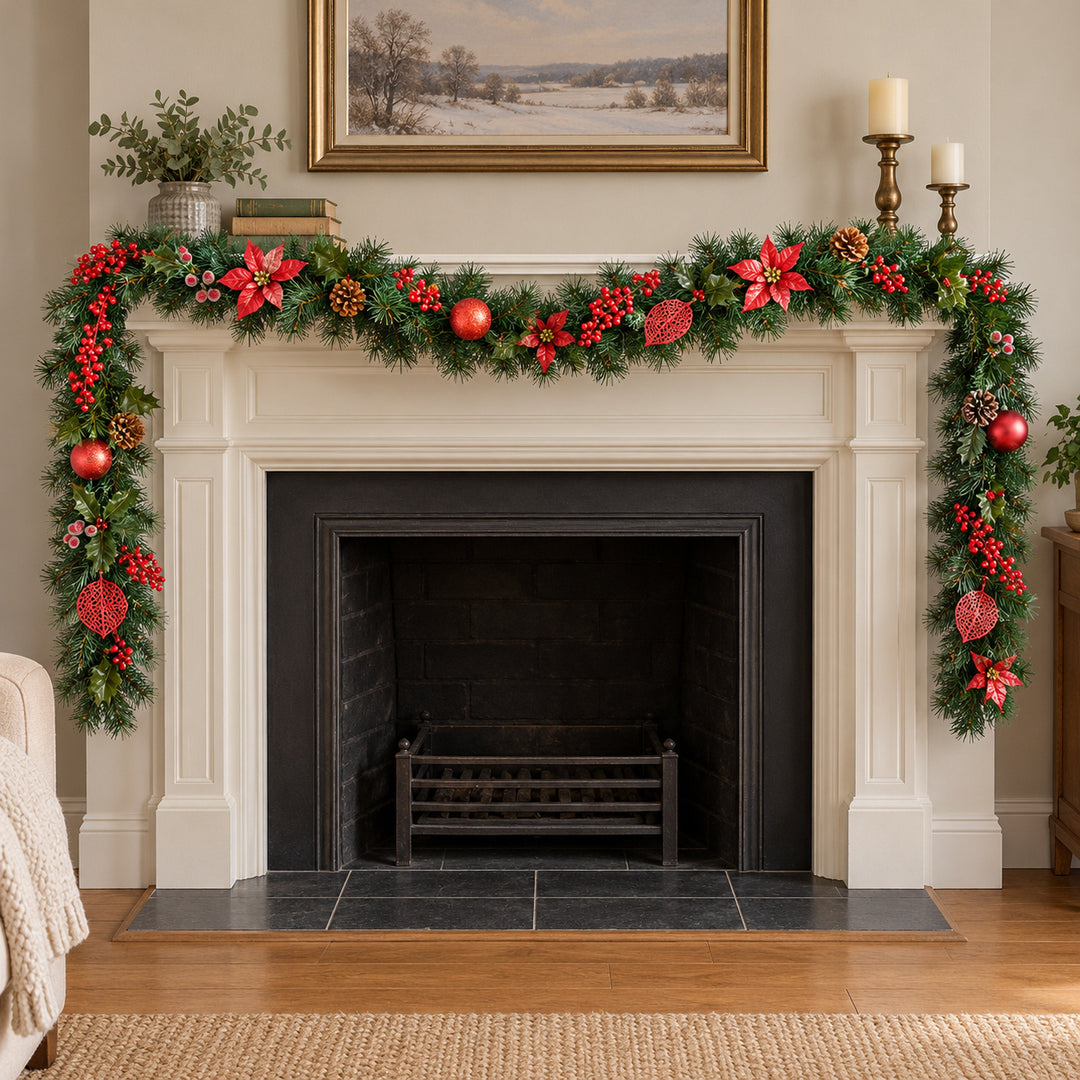 12ft Red Decorated 9ftRedDec Christmas garland, hearth UK lifestyle, Unlit