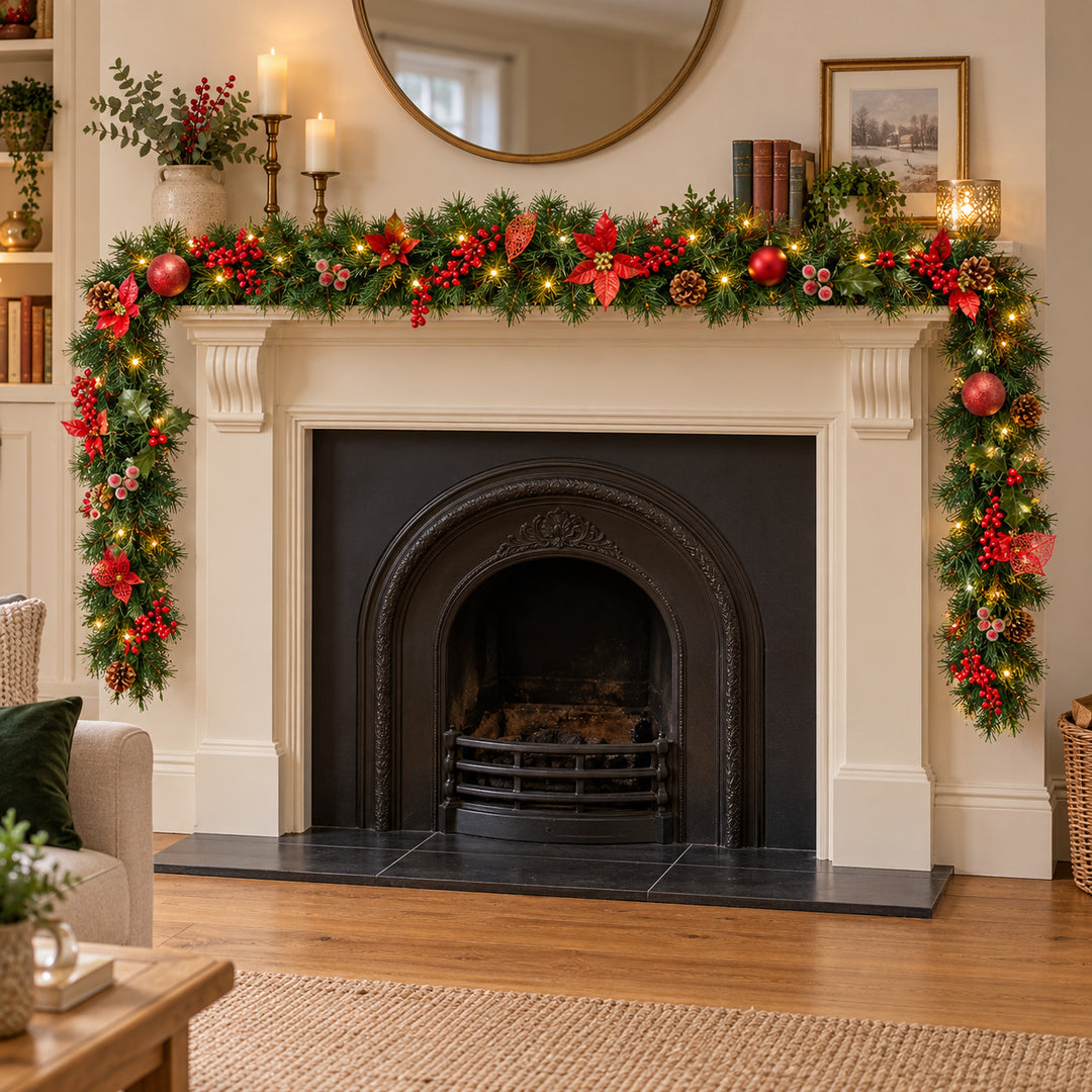 12ft Red Decorated 9ftRedDec Christmas garland, hearth UK lifestyle, Warm White Lights