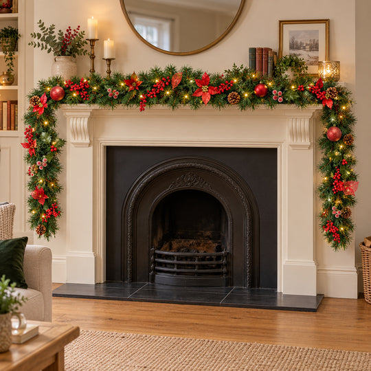12ft Red Decorated 9ftRedDec Christmas garland, hearth UK lifestyle, Warm White Lights