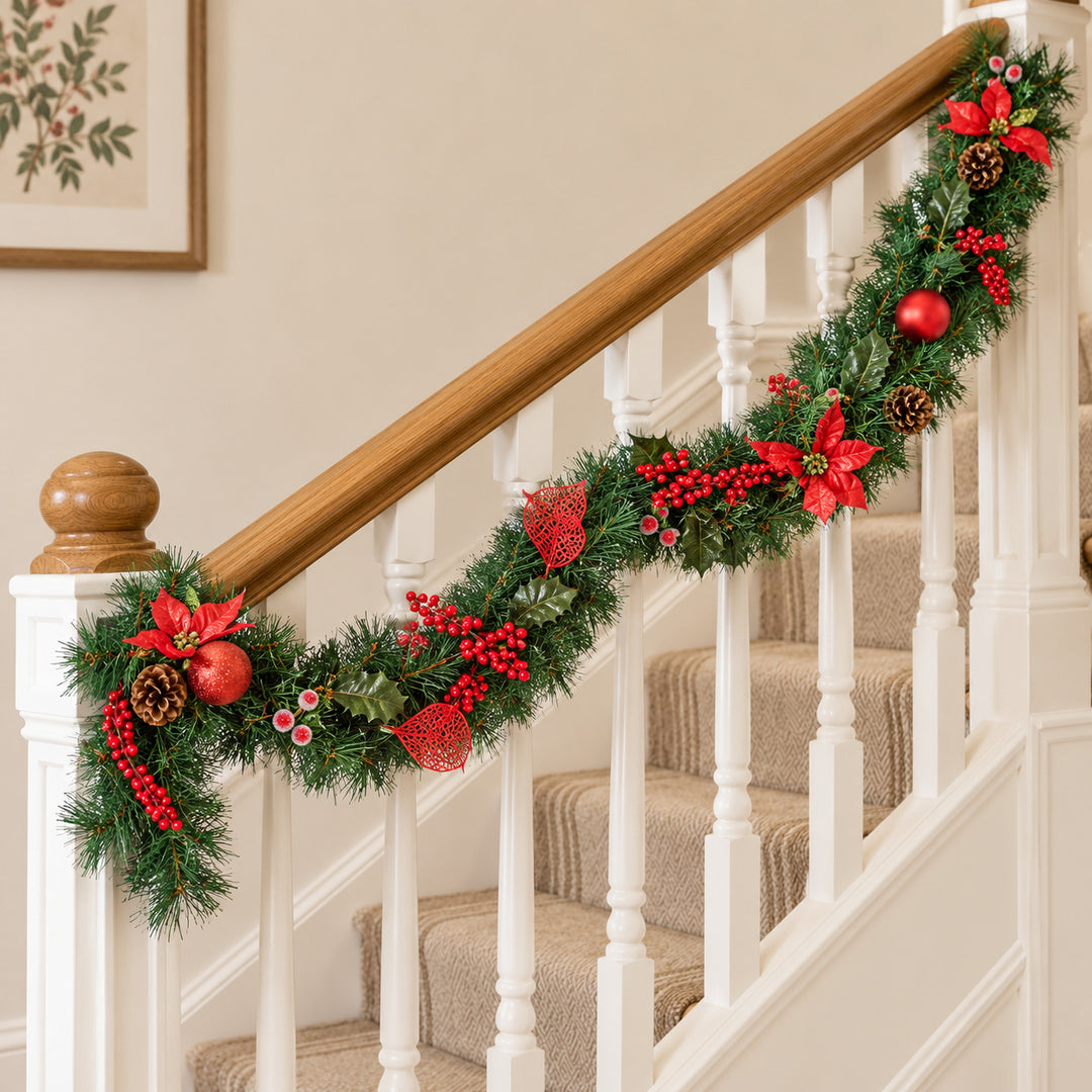6ft Red Decorated 9ftRedDec Christmas garland, banister UK lifestyle, Unlit