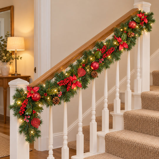 6ft Red Decorated 9ftRedDec Christmas garland, banister UK lifestyle, Warm White Lights