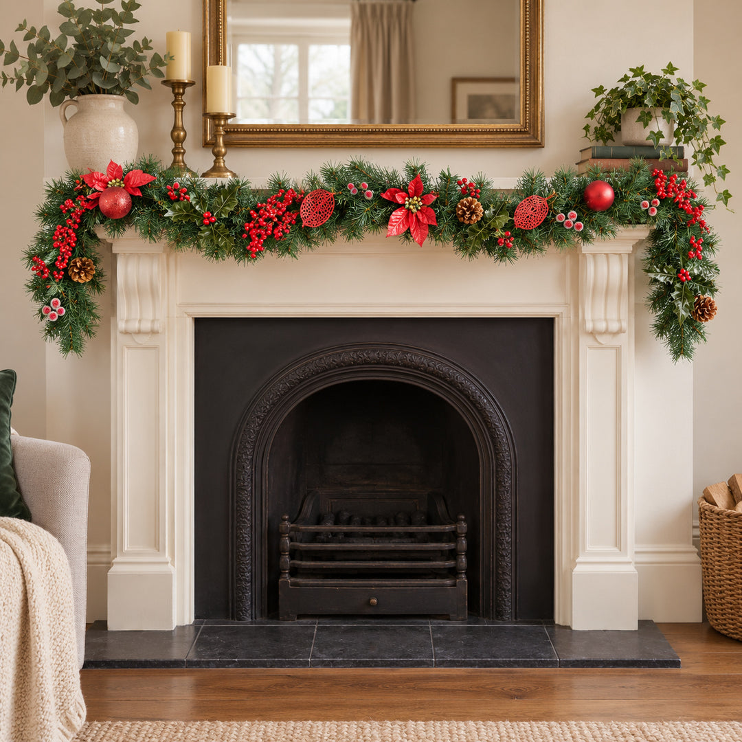 6ft Red Decorated 9ftRedDec Christmas garland, hearth UK lifestyle, Unlit