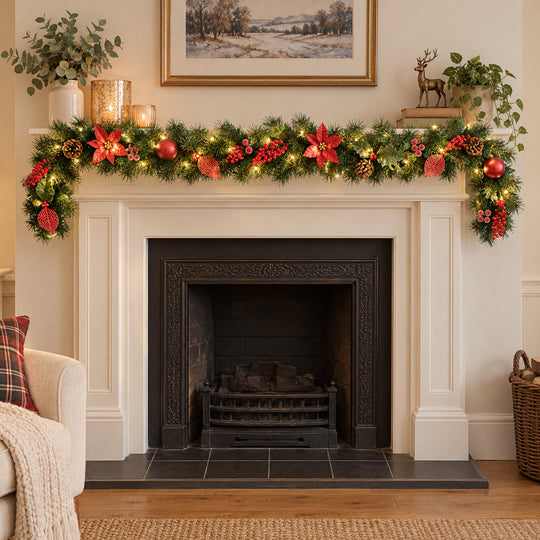 6ft Red Decorated 9ftRedDec Christmas garland, hearth UK lifestyle, Warm White Lights