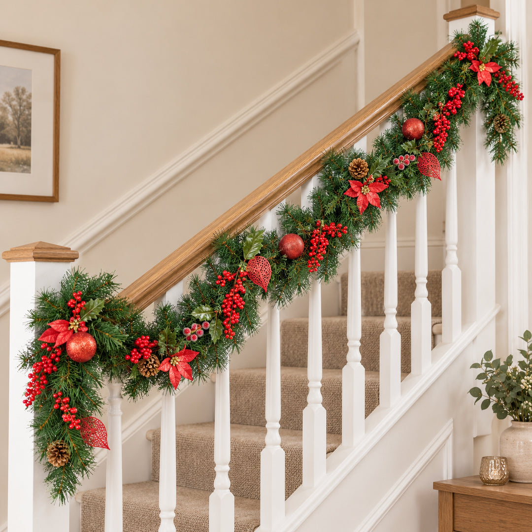 9ft Red Decorated 9ftRedDec Christmas garland, banister UK lifestyle, Unlit